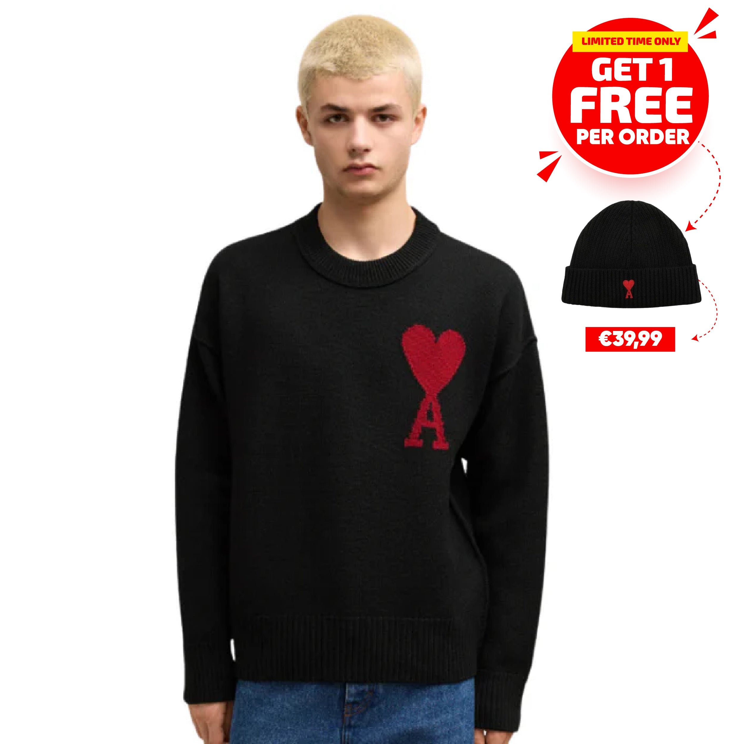 Ami Paris Pullover mit Herzmotiv + Gratis Ami Paris Mütze